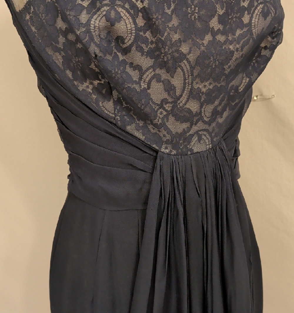 40s 50s Elegant Navy Sheer Lace Yoke Chiffon Drapef Bubble Hem Cocktail Dress - Picture 10 of 16